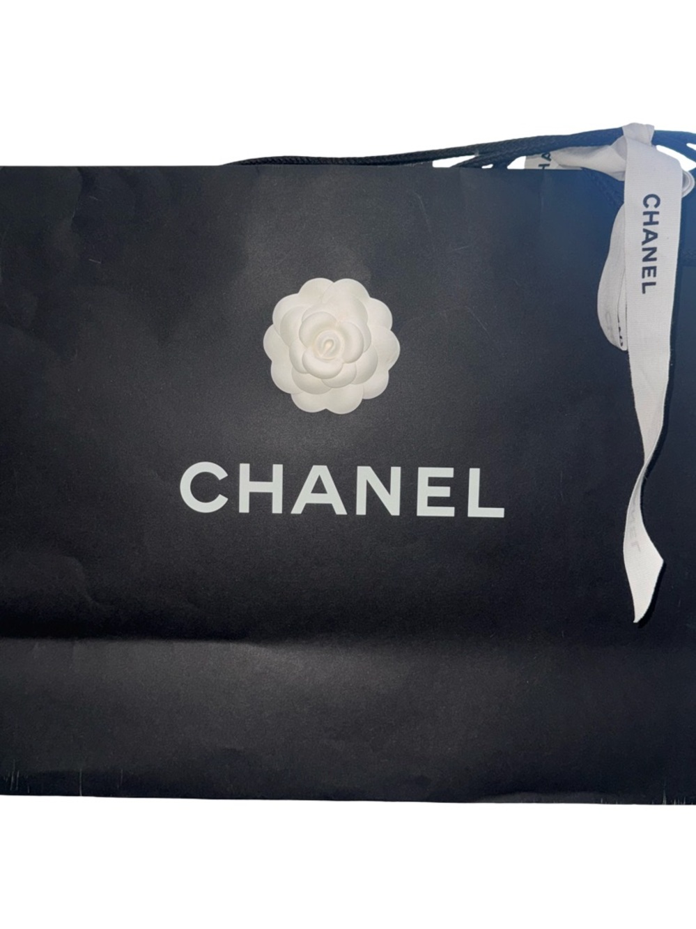 CHANEL Black Shopping Tote with White Camellia and Logo